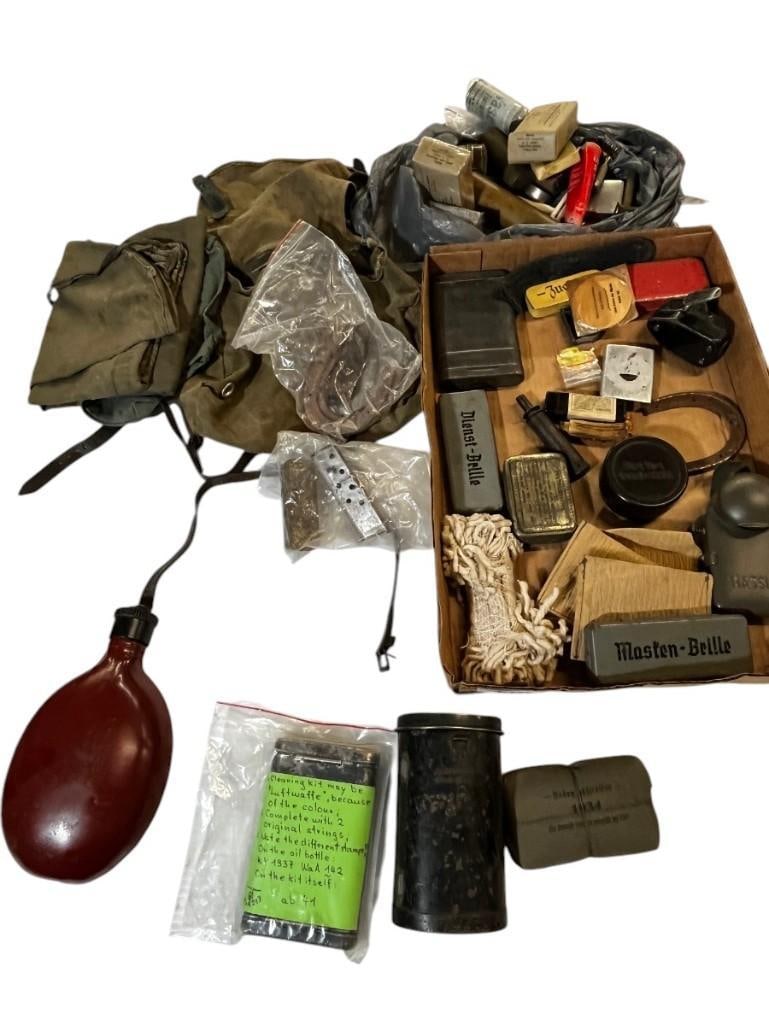 WW2 German K98 cleaning kit, Bread Bag etc: WW2 German K98 cleaning kit, Bread Bag with strap, shaving gear and more.