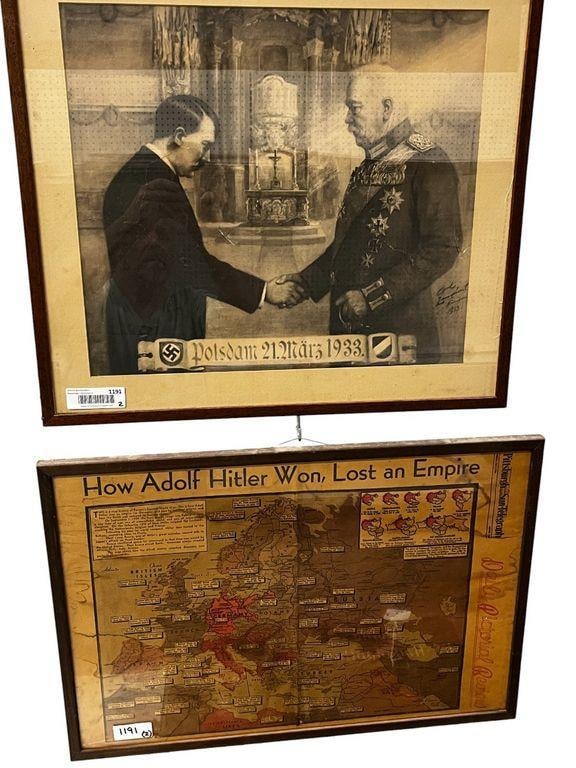 WW2 German Hitler Litho and Map: WW2 German Hitler Litho- Taking over and Map of how Adolf Hitler won and lost an empire. 2 pieces.