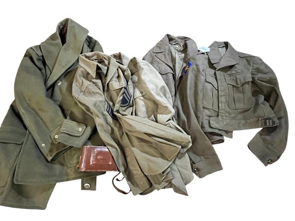 WW2 U.S. Coat, Jacket, Shirts etc: WW2 U.S. Jeep Coat, Ike Jacket, Shirts and Kodak camera. 5 pieces.