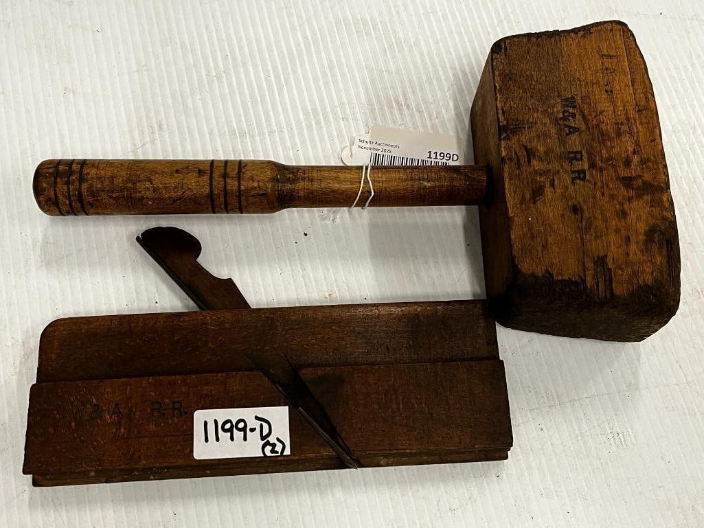 Western & Atlantic Railroad Mallet and plane: Western & Atlantic Railroad wood Mallet and plane. 2 pieces. Mallet approx. 13 x 6.5 inches.