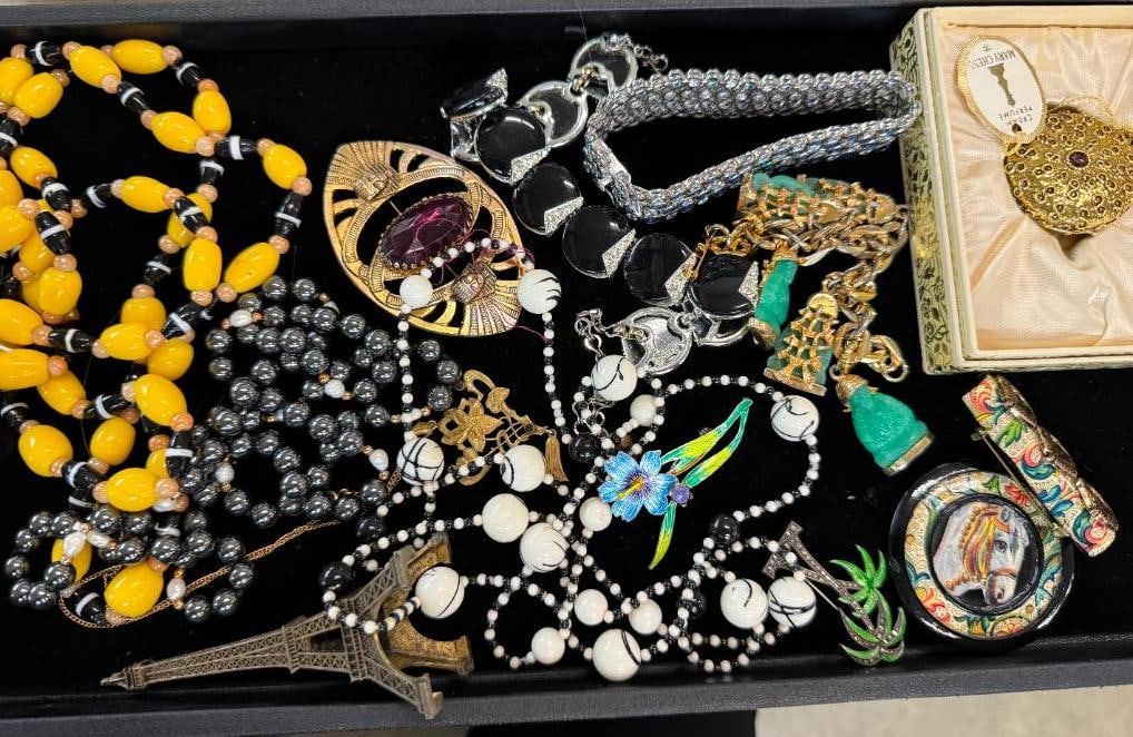 Art Deco Costume Jewelry and more: Art Deco Costume Jewelry and more. Hematite Beads, Deco Glass beads, Paper Mache Horse pin etc. Approx. 12 pieces.