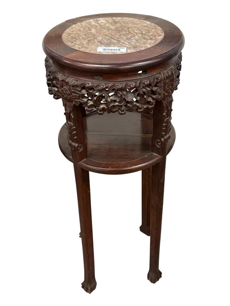 Chinese carved teakwood stand: Chinese carved teakwood stand with marble insert. Approx. 35 x 14 x 14 inches.