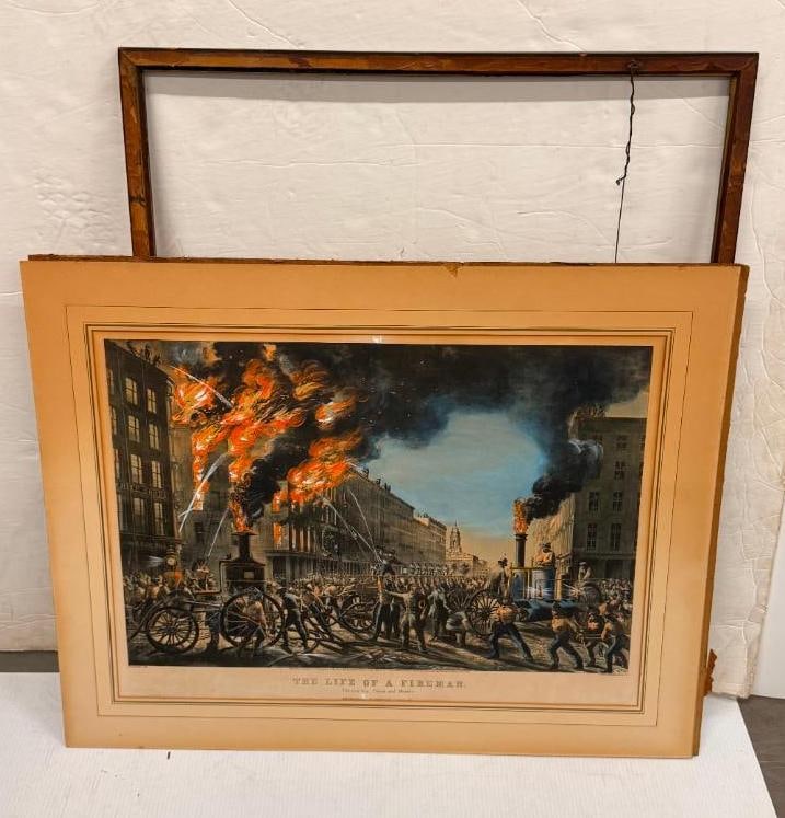 1861 Currier & Ives Lithograph: 1861 Currier & Ives Lithograph "The Life Of A Fireman" The new era of steam and muscle. Approx. 20 x 27 inches. Frame approx. 27.5x 34.5 inches.