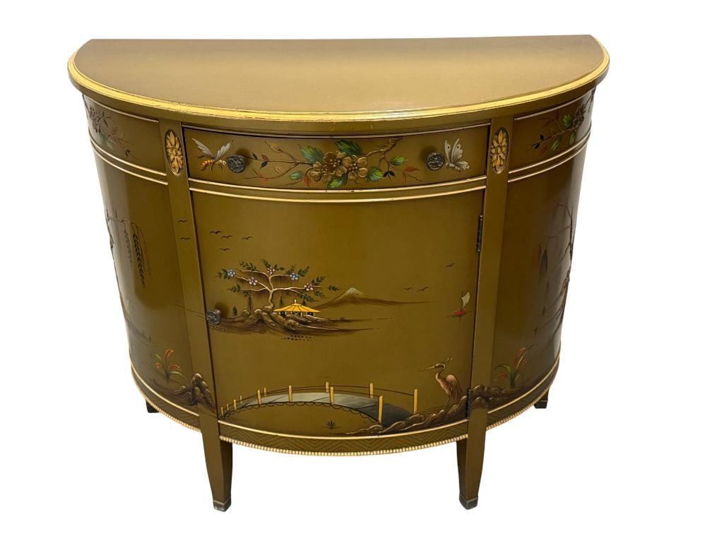 Chinoiserie Demilune Cabinet: Chinoiserie Demilune Cabinet, hand painted. By Imperial, Grand Rapids Michigan. Approx. 32 x 36 x 17 inches.