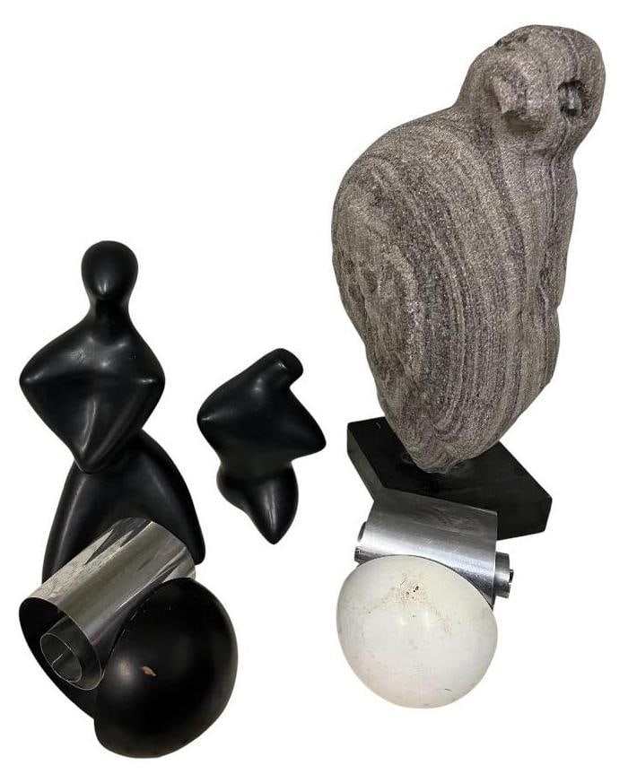 Art Deco Bookends, Brayton's Laguna figures: Art Deco Bookends, Brayton's Laguna figures and Pumice Bird Statue. 5 pieces. Statue approx. 17 x 7 x 7 inches.