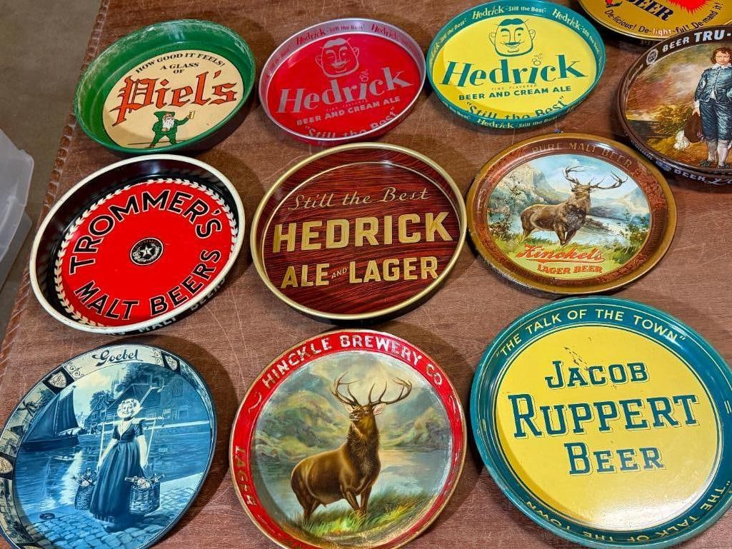 13 Assorted Beer Trays: 13 Assorted Beer Trays including Hinckels, Hedrick, Piels, Jacob Ruppert, Tru-Blu, Loewers, Goebel and Trommers.