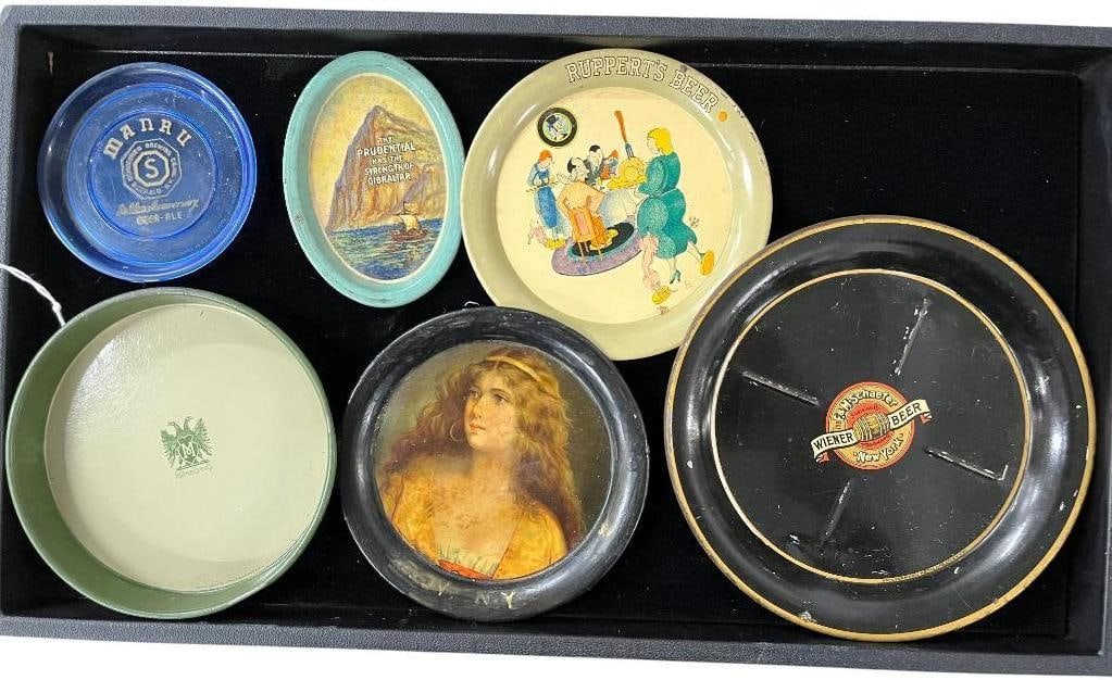 Beer Tip Trays and Coasters: Beer Advertising Tip Trays and Coasters. Including Schaefer Wiener Beer, Manru, Moerlbach, Rupperts and Prudential Rock of Gibraltar tray. 6 pieces.
