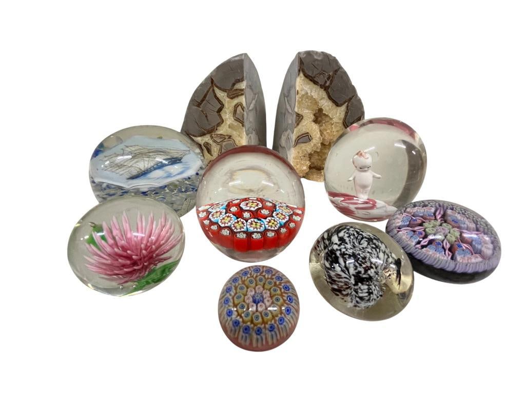 Glass Paperweights and Geode Bookends: Glass Paperweights and Geode Bookends. 8 pieces.