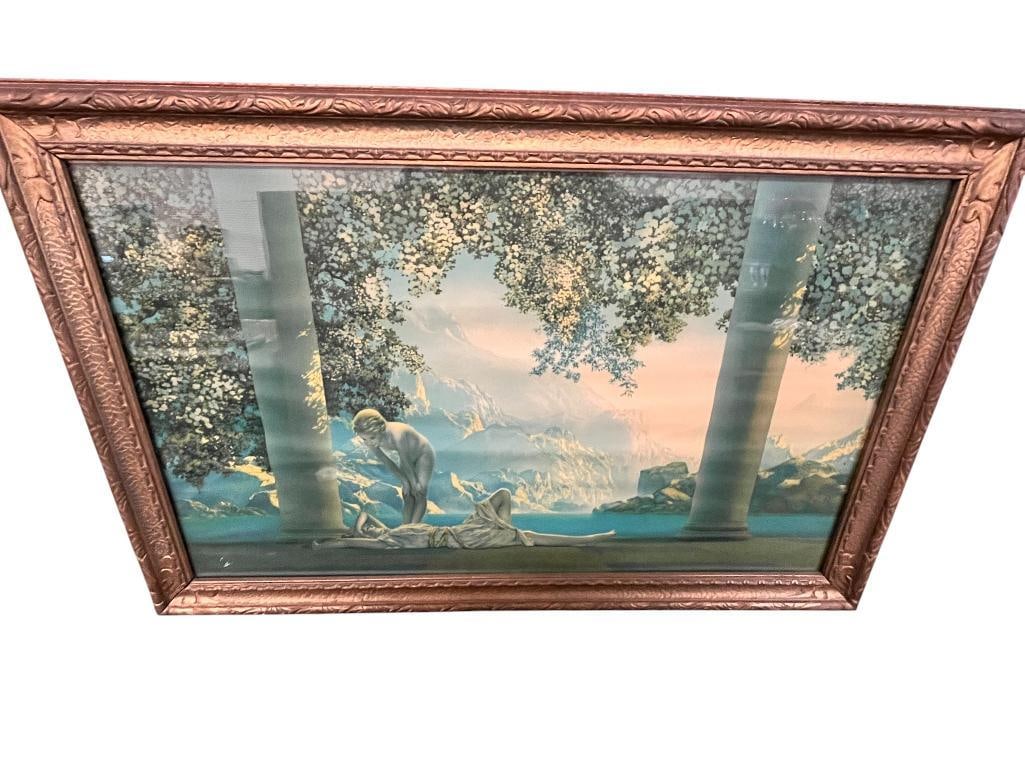 Maxfield Parrish Daybreak Print: Maxfield Parrish Daybreak Print. Approx. 18 x 29 inches. Frame approx. 22 x 34 inches.