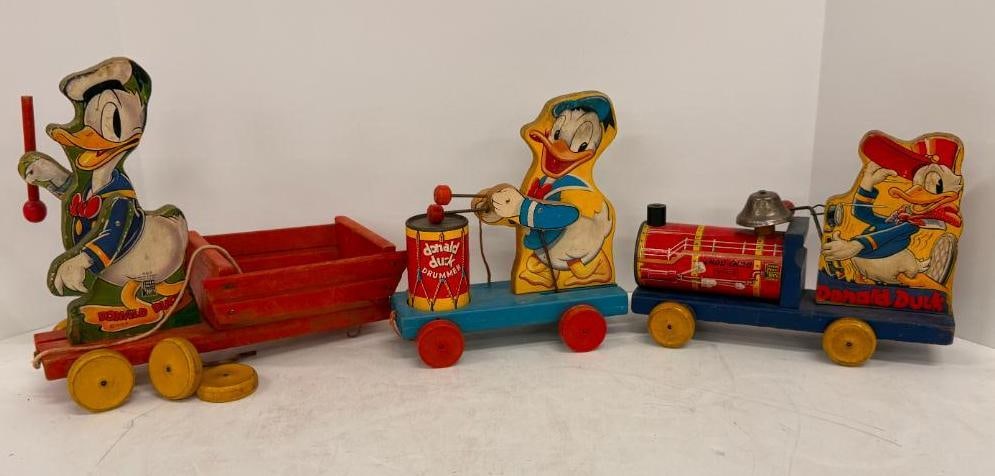3 Fisher Price Donald Duck Pull Toys: 3 Vintage Fisher Price Donald Duck #463 Drummer #454 Choo Choo #450