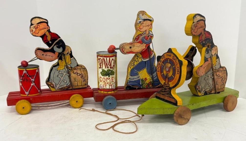 3 Fisher Price Popeye Pull Toys: 3 Vintage Fisher Price Popeye. Boom Boom copyright 1929, 1933 #491. Spinach come and get it #488. #703 Popeye the sailor.