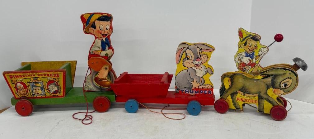 3 Fisher Price Pieces: 3 Vintage Fisher Price Pieces. Thumper #533. Pinocchio Express #720. Pinocchio Donkey #494.