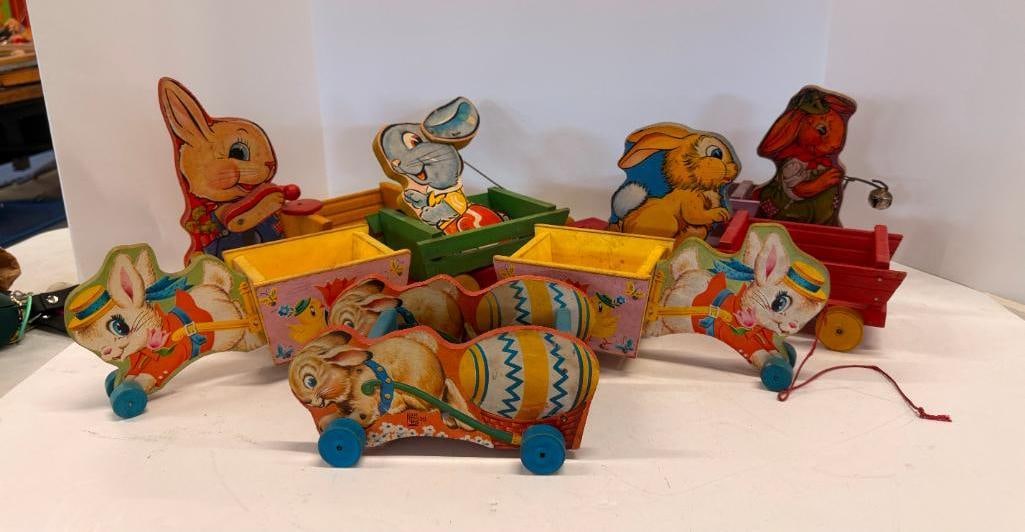 7 Fisher Price Rabbits with Wagons: 7 Vintage Fisher Price Rabbits with Wagons. #401 #512 #312 #487 #28