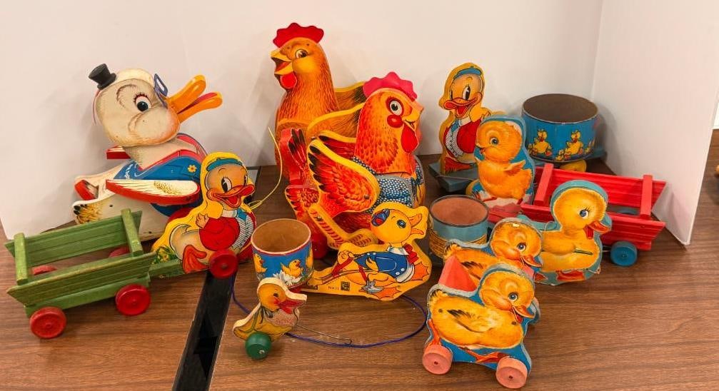 8 Fisher Price Pull Toys: 8 Fisher Price Pull Toys. Katy Kackler #140, Duck #6, Duck #11, Dr Doodle #132, Duck #470, Chick #407, Cackling Hen.