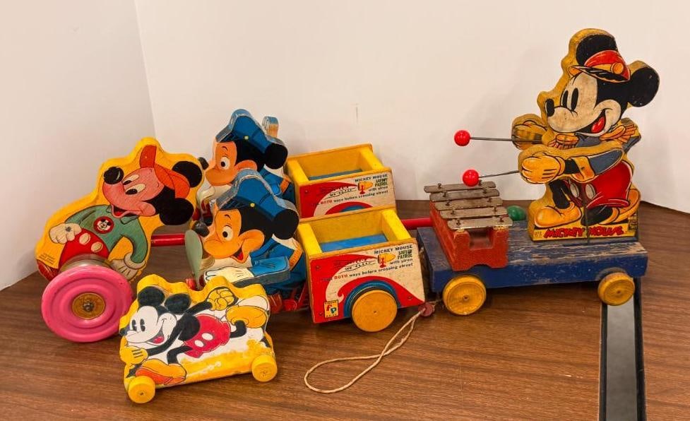 5 Mickey Mouse Fisher Price Toys: 5 Mickey Mouse Fisher Price Toys. Mickey Mouse Xylophone Dated 1939, Safety Patrol 733, Bell push toy.