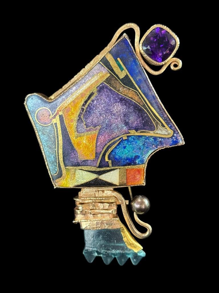 William Harper signed October Fragment Brooch: William Harper 1991 signed " October Fragment " Enamel and Gemstone Brooch. Abstract brooch with opalescent polychrome enamel containing one cushion mixed cut amethyst, one geometric blue glass fragme