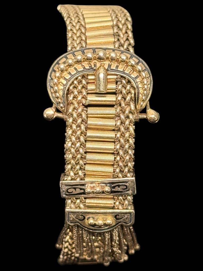 14k Gold Buckle Bracelet: Very ornate Victorian style 14k Gold Buckle Bracelet. Approx. 56 grams. Approx. 7 inches.