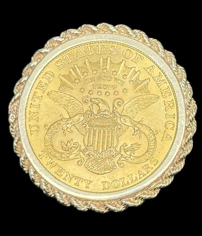 1907 Liberty Head Double Eagle in buckle bezel: 1907 Liberty Head Coronet Double Eagle Twenty Dollar gold coin, in buckle bezel. Bezel tests as 14k. Approx. 43.2 grams.