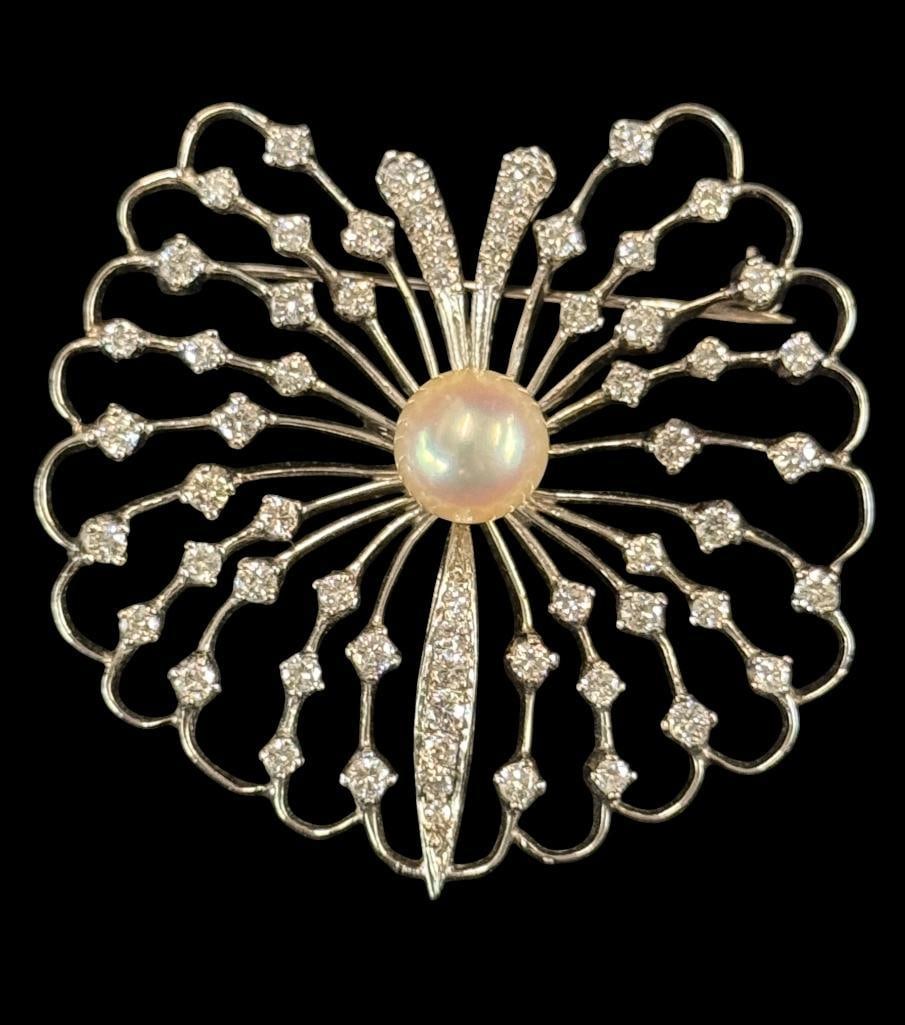 14k Gold with Diamonds and Pearl brooch (1 of 4)