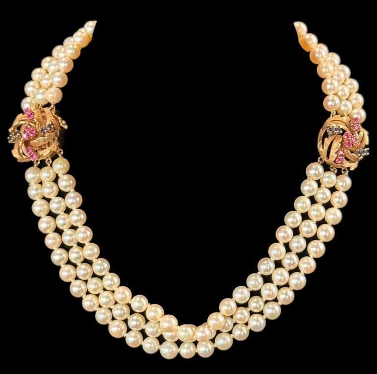 Pearl Necklace with 14k Gold, Blue and Red stones (1 of 8)