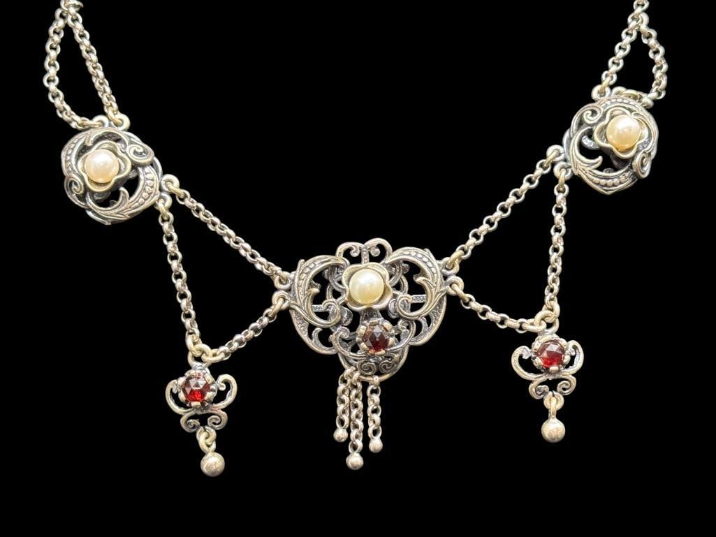 Victorian Style Silver necklace with Pearls and Stones: Victorian Style Silver necklace with Pearls and Stones. Marked 835. Approx. 7 inches from clasp to pendant.