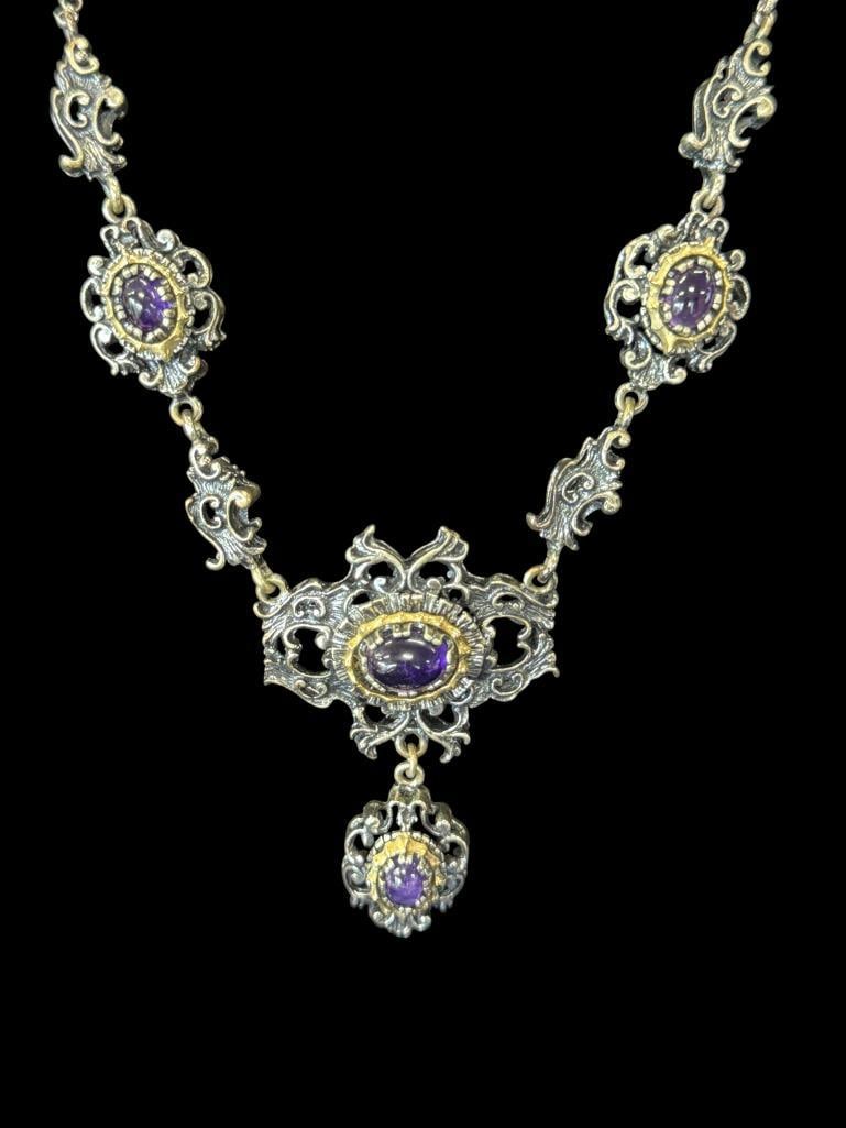 Victorian Style Silver necklace with Purple Stones: Victorian Style Silver necklace with Purple Stones. Marked France with hallmarks. Approx. 8 inches from clasp to pendant.