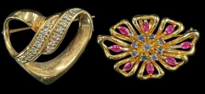 2 14k Gold pins with stones: 2 14k Gold pins with stones. Approx. 12.3 grams.