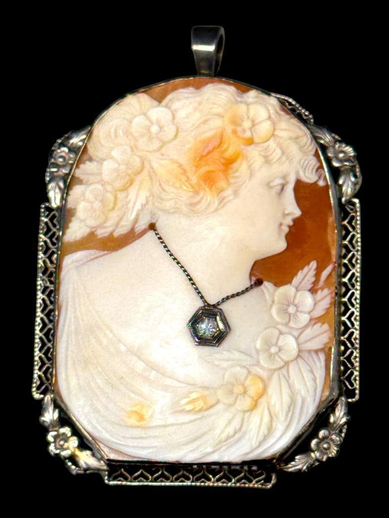 14k White Gold Cameo with Diamond c. 1930: 14k White Gold Cameo with Diamond c. 1930. Approx. 2 x 1.5 inches.
