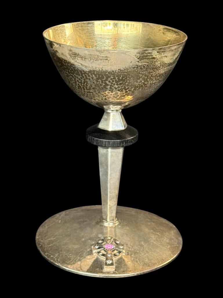 Sterling Silver Chalice: Sterling Silver Chalice with Cross and Gemstones. Approx. 17.5 ozt. Approx. 7.5 x 5 inches.