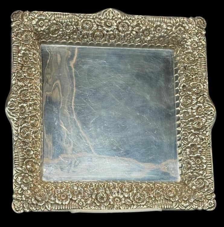 Tiffany & Co. Makers Sterling Silver Tray: Tiffany & Co. Makers Sterling Silver Tray. Approx. 10.6 ozt. Approx. 9 x 9 inches.