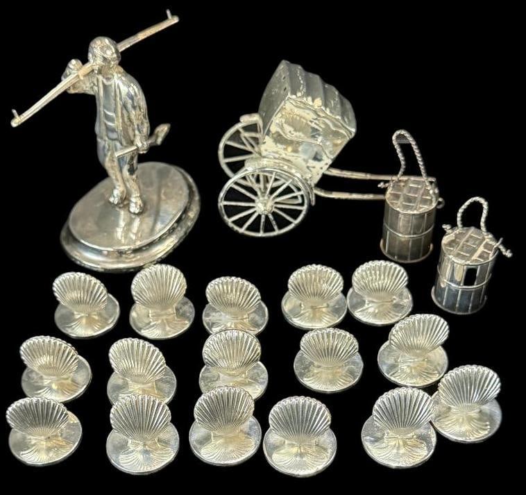 Sterling Silver place markers, figure and more: Tiffany & Co. sterling silver Shell place markers, figure, rickshaw and buckets. Approx. 7 ozt. 20 pieces total.