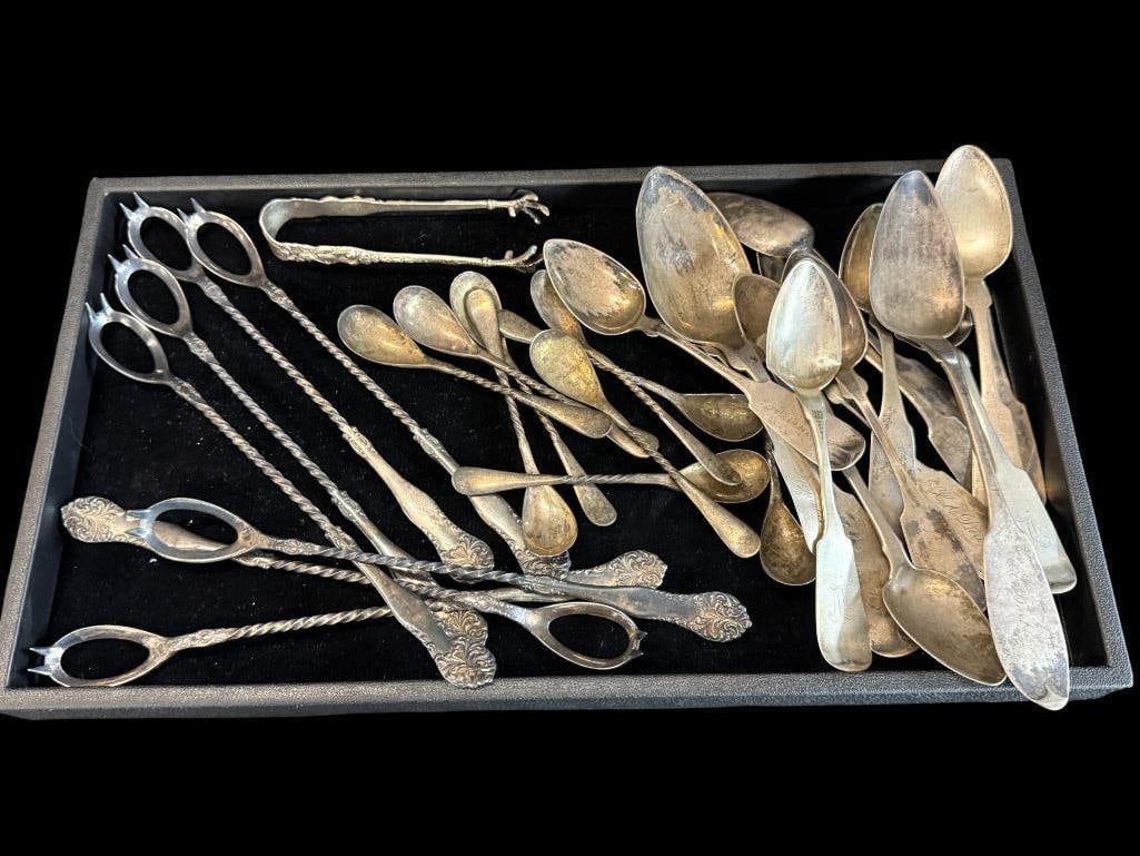Coin Silver Spoons and more: 15 Coin Silver Spoons, approx. 9 ozt. Also includes 16 pieces of silverplate, olive forks, spoons etc.