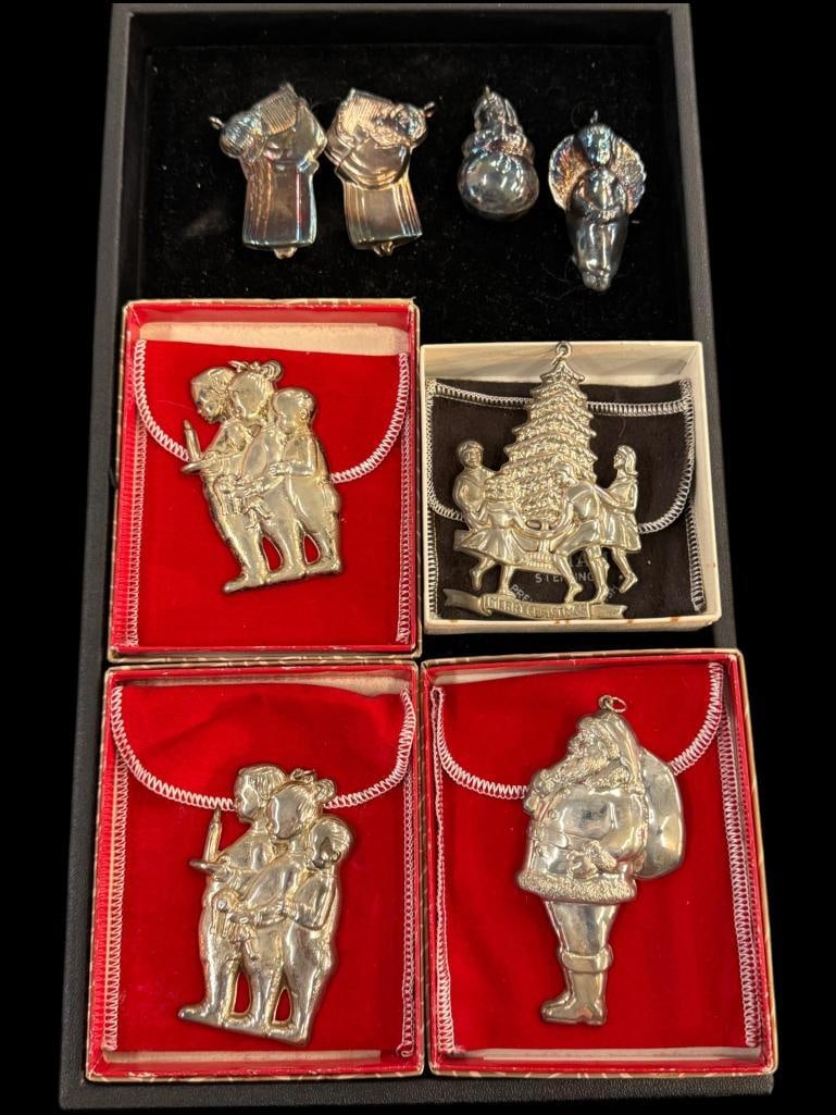 4 Gorham Sterling Silver Christmas Ornaments: 4 Gorham Sterling Silver Christmas Ornaments, Approx. 2.5 ozt. Also includes 4 other small ornaments. 8 pieces total.