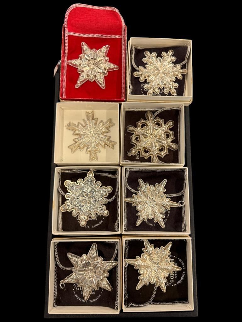 8 Gorham Sterling Silver Snowflake Ornaments: 8 Gorham Sterling Silver Snowflake Ornaments. Approx. 5.3 ozt.
