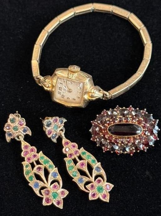 10k Gold Earrings, Pin and Watch: 10k Gold Earrings with stones, Garnet Pin and Hamilton Illinois Watch. 4 pieces total