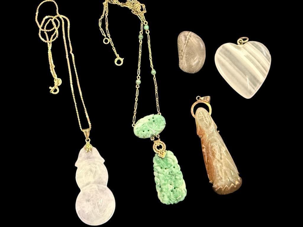 Jade Necklaces, Heart Pendant and more: Jade Necklaces, Heart Pendant and more. Necklaces are set in 14k gold. 5 pieces.