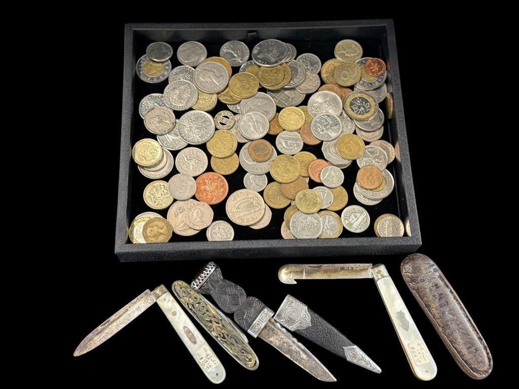 Foreign Coins, Pocket Knives etc.: Foreign Coins, Sterling hallmarked Pocket Knives etc.