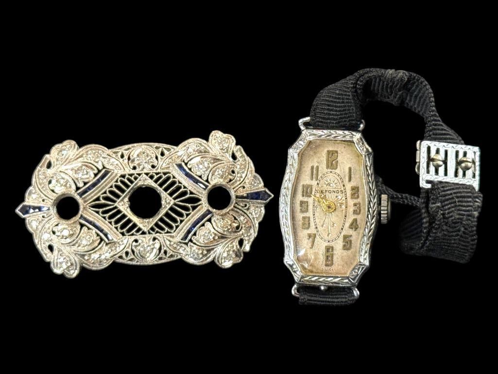 Art Deco Jewelry: Art Deco Jewelry. 14k gold watch. Gold pin is missing stones. 2 pieces.