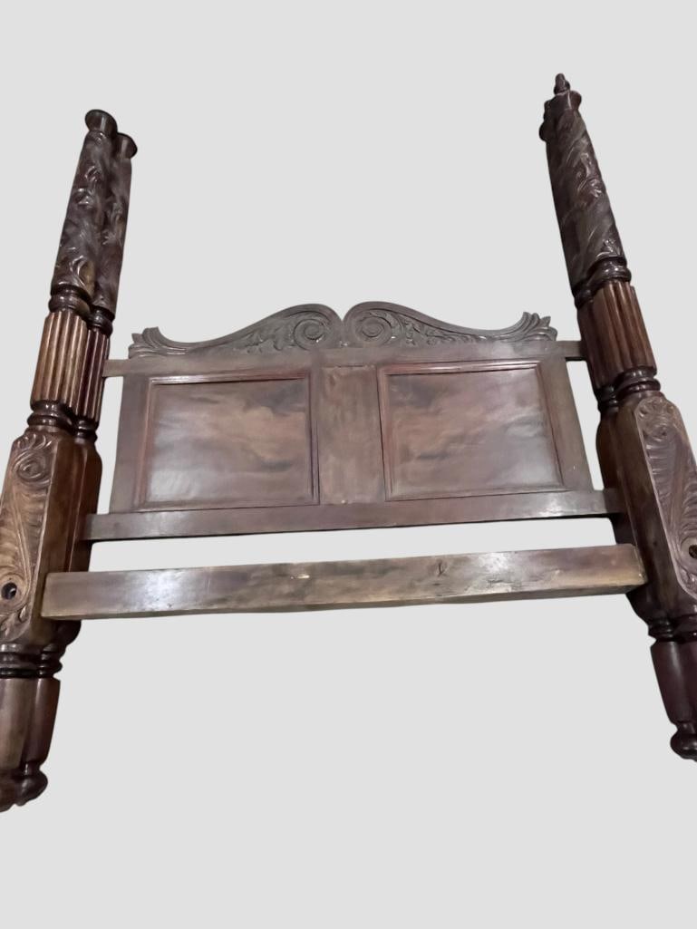Heavily Carved 4 post bed: Heavily Carved 4 post bed. c. 1840. 7 pieces total. No side rails. Local pickup or 3rd party shipping only. Posts are approx. 92 inches tall.