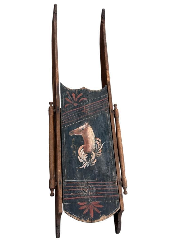 Antique Hand Painted wooden sled: Antique Wooden sled with hand painted Horse. Approx. 46 x 14 x 5 inches.