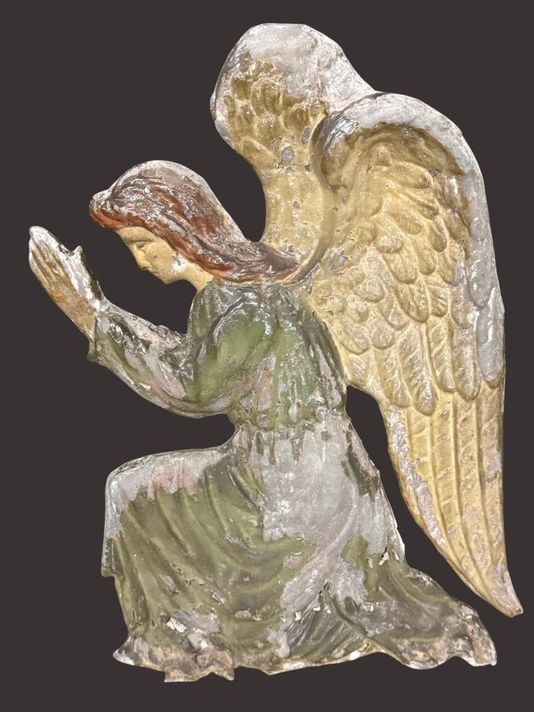 Praying Angel metal Sculpture: 100 year old Praying Angel metal Sculpture. Hollow. Approx. 28 x 17 x 4 inches.