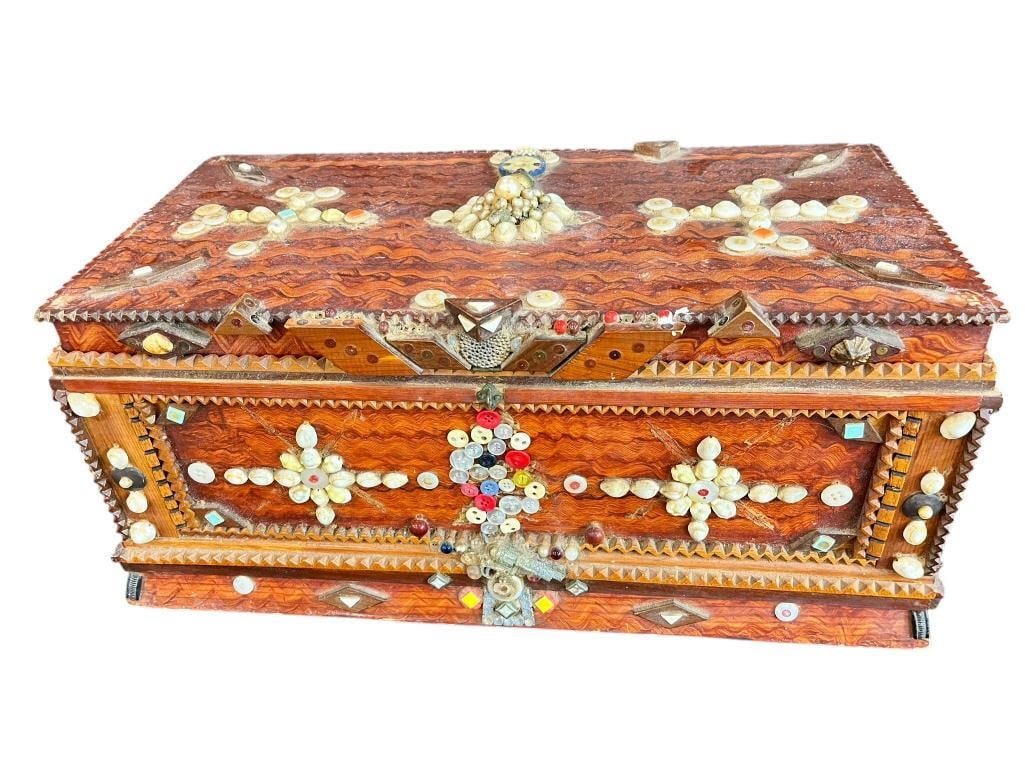 Tramp Art Chest with Shells and Buttons: Tramp Art Chest decorated with Shells and Buttons. Approx. 10 x 21 x 11 inches.