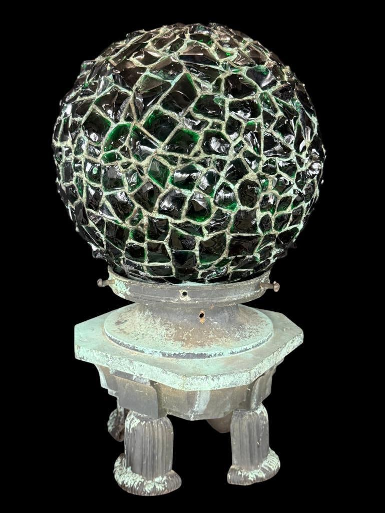 Rare Leaded Chunk Glass shade on Bronze Base: Rare Round Globe Leaded Chunk Glass shade on very unusual Bronze Base. Approx. 24 x 14 x 14 inches.