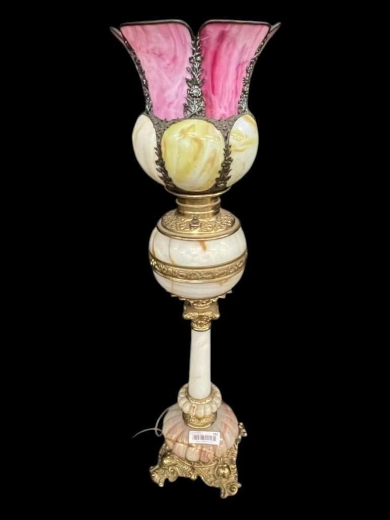 Marble Lamp Base with Slag Glass Flower Shade (1 of 7)