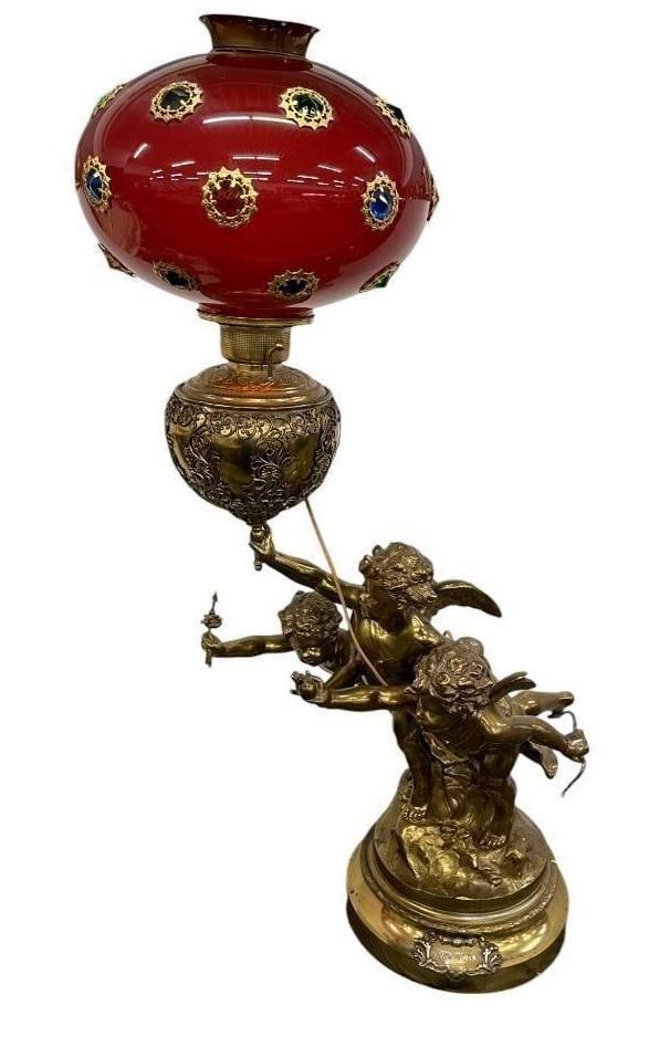 Large 3 Cherub Table Lamp with Jeweled Shade: Large 3 Cherub Table Lamp with Jeweled Shade. Titled Love's Victory. Approx. 31 x 22 x 15 inches.