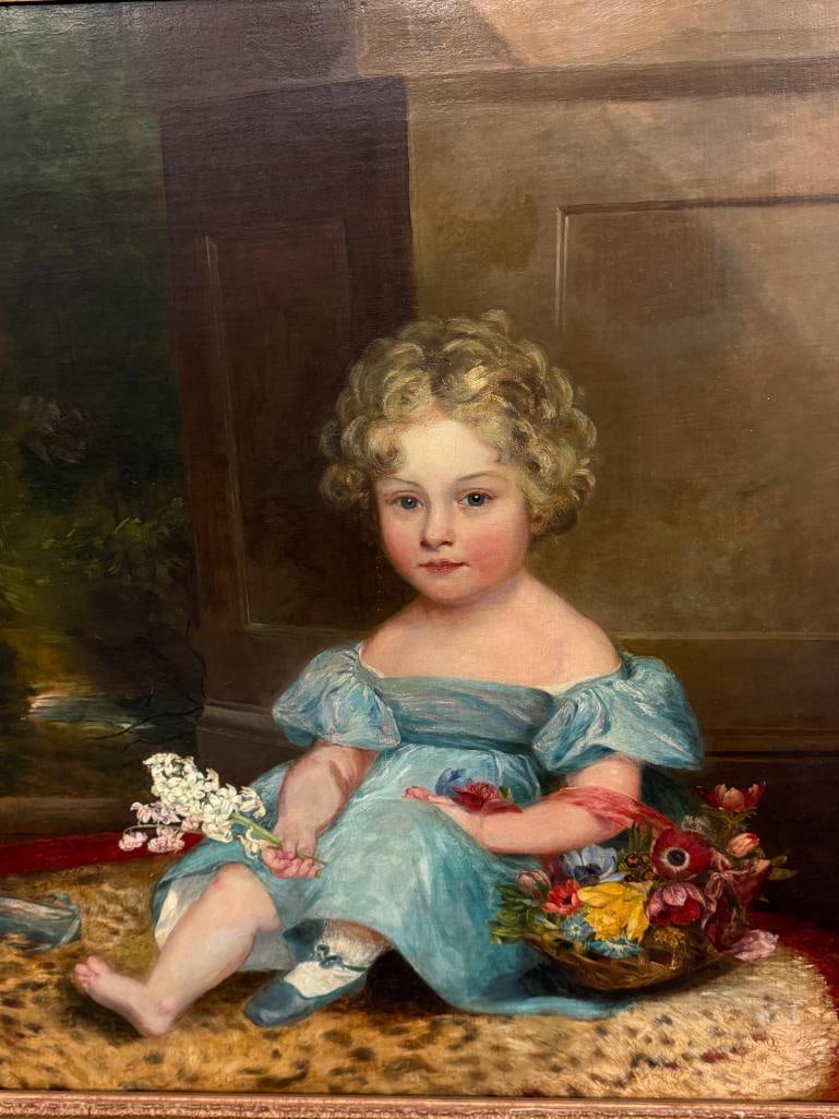 Portrait of a Child with Flowers oil on canvas: Large Portrait of a Child with Flowers oil on canvas. Painting approx. 35 x 31 inches. Frame approx. 42 x 37 inches.