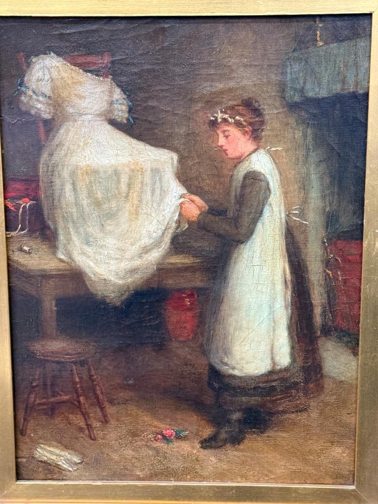 Oil on canvas Woman with Dress in Gold Gilt Frame: Oil on canvas Woman with White Dress in carved Gold Gilt Frame. Painting approx. 16 x 11.5 inches. Frame approx. 27 x 23 inches.