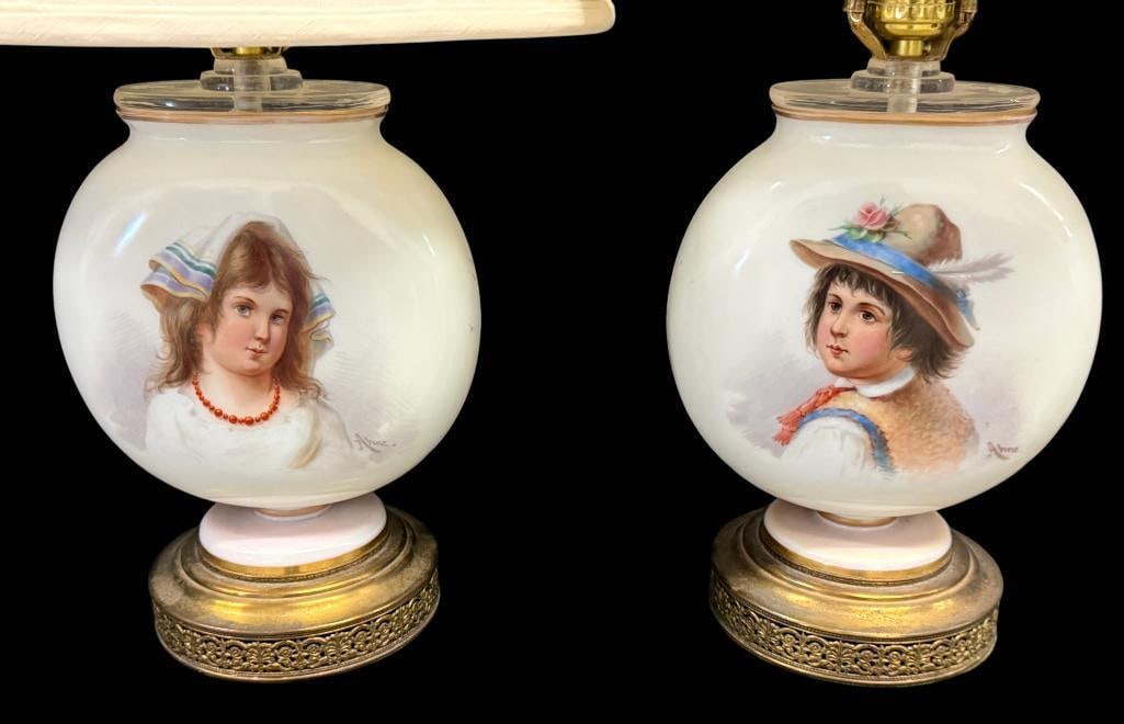 Josef Ahne Hand Painted Porcelain Lamps: 2 Josef Ahne Hand Painted Porcelain Lamps. Approx. 22 x 12 x 9 inches.