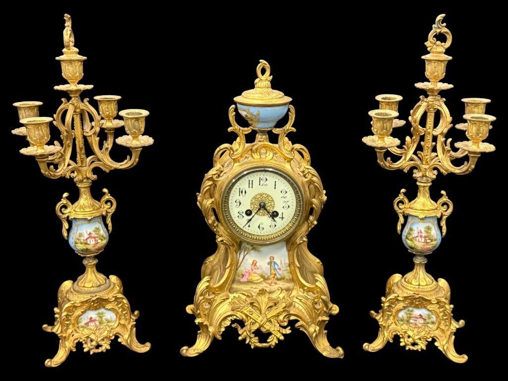 Hand Painted Gilt Candelabras and Clock (1 of 13)