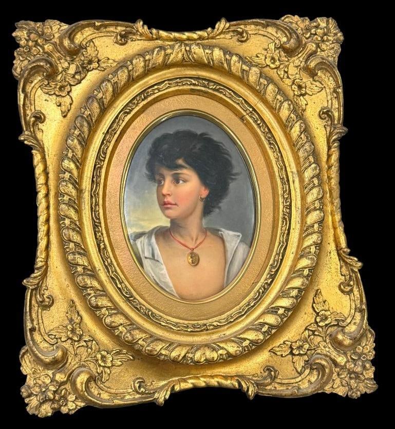 Hand Painted Portrait on Porcelain in Gold Gilt Frame: Hand Painted Portrait on Porcelain in Gold Gilt Frame depicting the Neapolitan Fisher Boy. After the original painting by German artist Gustav Karl Ludwig Richter. Oval approx. 7 x 5 inches. 